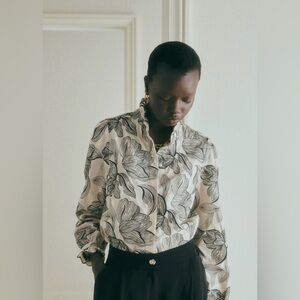 Sezane Cendrine Shirt Ecru With Black Embroidered Flowers - Size 8